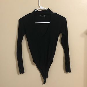 Black V-Neck Ribbed Bodysuit with Turtleneck